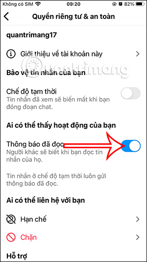 Thông báo đã đọc tin nhắn Instagram