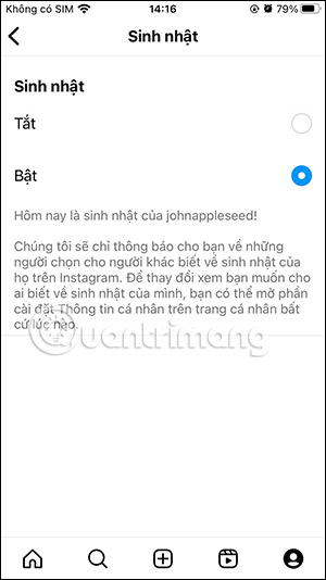Bật thông báo sinh nhật Instagram
