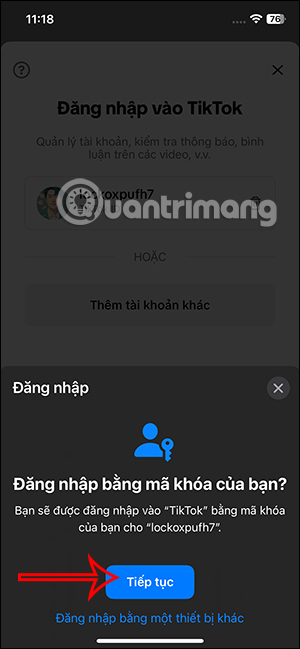 Thông báo đăng nhập TikTok bằng passkey
