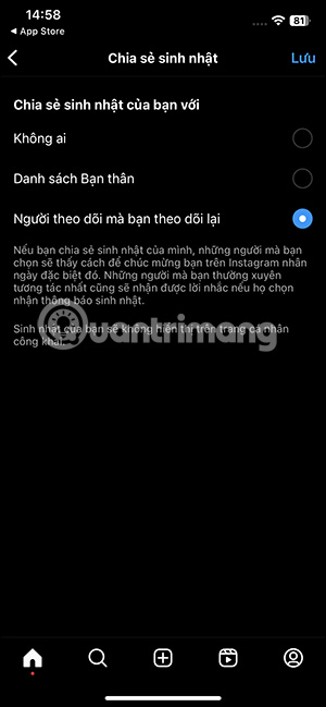 Tùy chọn hiển thị ngày sinh Instagram