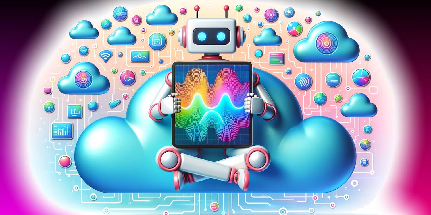 Robot cầm màn hình hiển thị các sóng màu cầu vồng với những đám mây đang xử lý ở nền