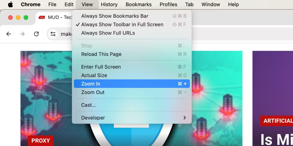 Các tùy chọn zoom trong thanh menu Mac