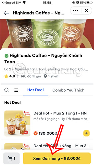 Xem đơn hàng beFood đặt trên Zalo