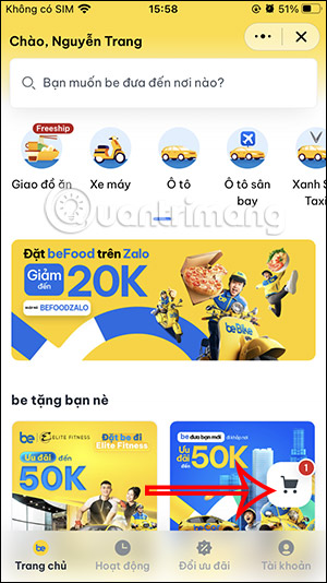 Truy cập giỏ hàng beFood đặt trên Zalo