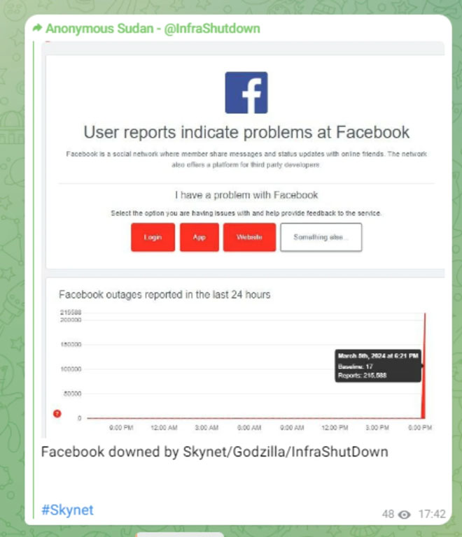 Tuyên bố đánh sập Facebook vào tối ngày 5/3 của nhóm hacker Anonymous Sudan.