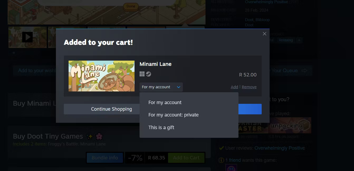 Đặt mục giỏ hàng ở chế độ riêng tư trên Steam