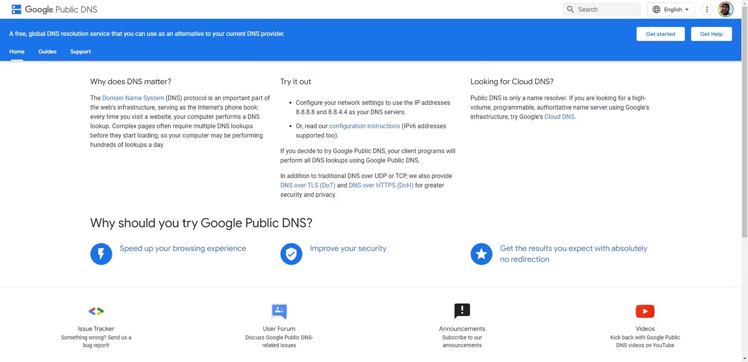 Trang chủ Google Public DNS tháng 2 năm 2024