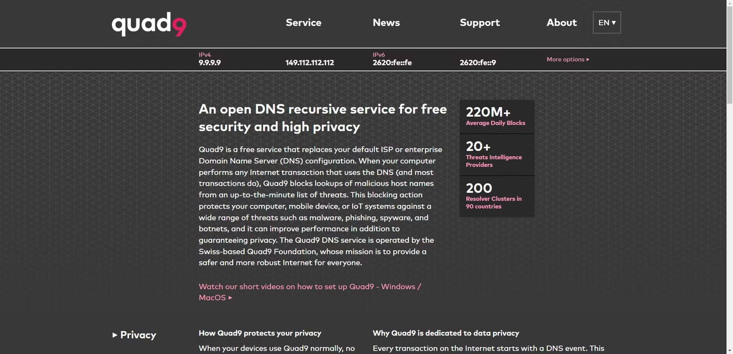 Trang chủ của nhà cung cấp DNS Quad9