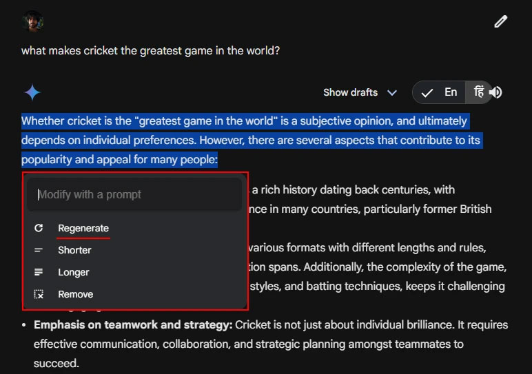 Tùy chọn chỉnh sửa phản hồi trên Gemini
