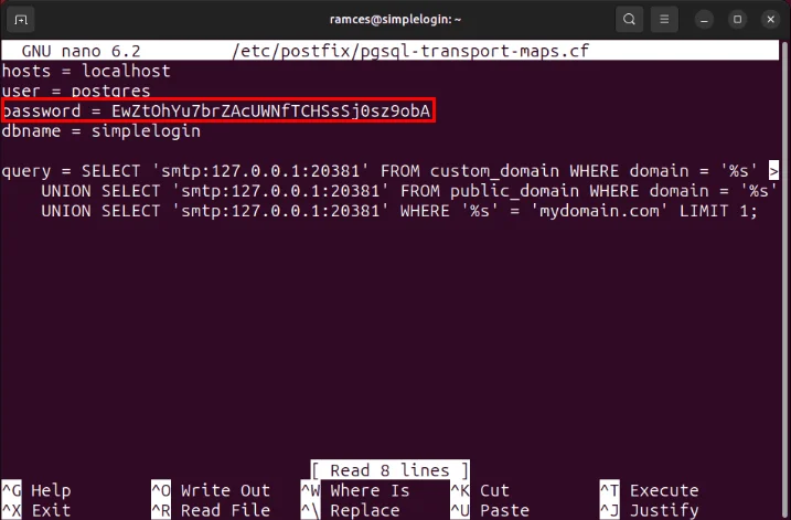 Terminal hiển thị mật khẩu Postgres trong file cấu hình Postfix.