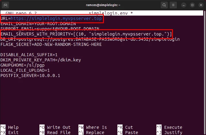 Terminal highlight các phần của file cấu hình cần bao gồm subdomain của máy chủ.