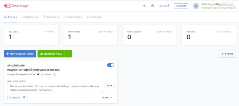 Bảng điều khiển web SimpleLogin đang hoạt động.
