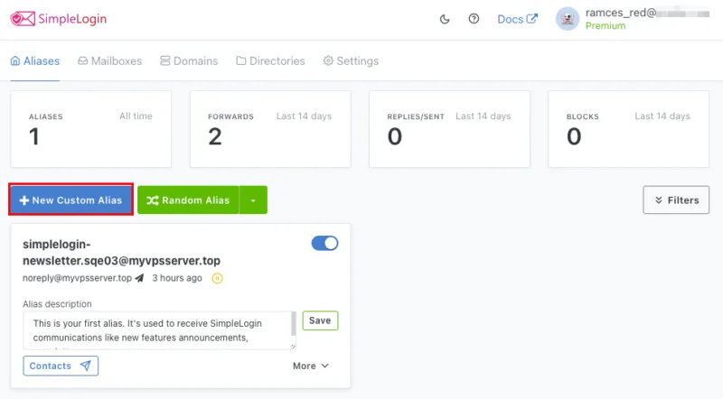 Bảng điều khiển SimpleLogin highlight nút New Custom Alias