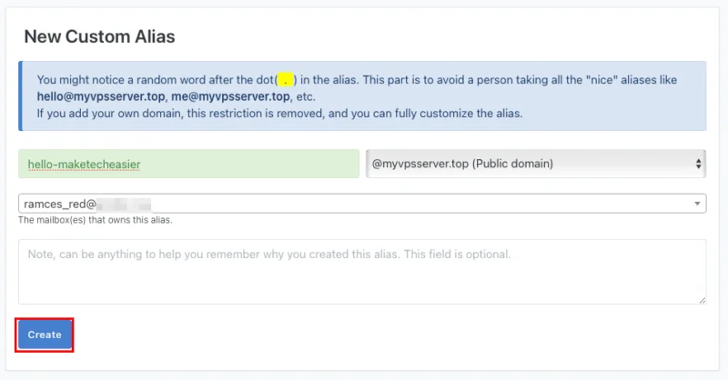 Nút Create cho email alias mới.