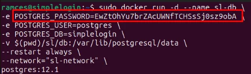 Terminal highlight mật khẩu Postgres ngẫu nhiên cho phiên bản SimpleLogin.