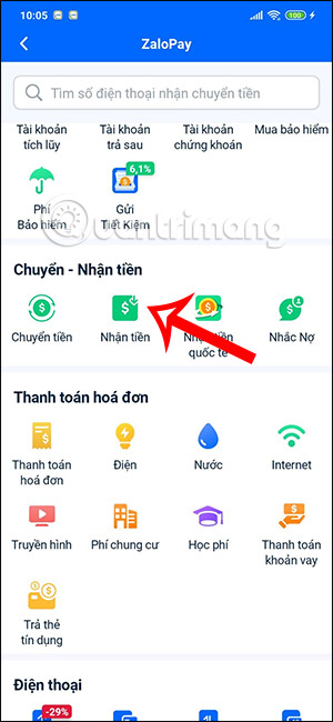Nhận tiền trên ZaloPay