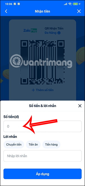 Nhập số tiền nhận mã QR ZaloPay