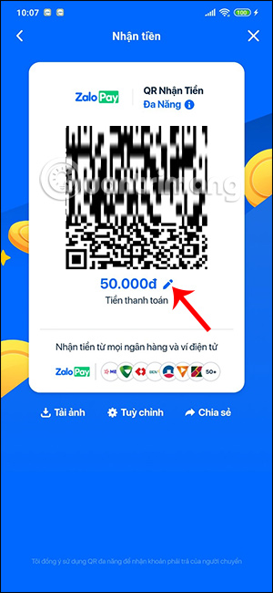Đổi nội dung nhận tiền mã QR ZaloPay