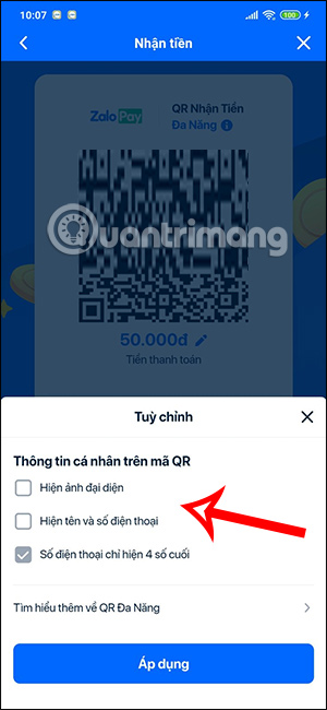 Thay nội dung hiện mã QR có số tiền ZaloPay
