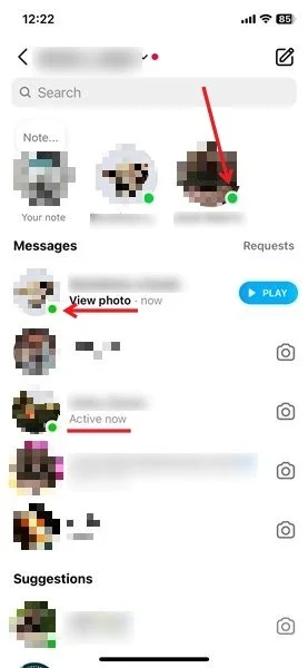 Chế độ xem trạng thái đang hoạt động trong Tin nhắn trực tiếp trên Instagram.