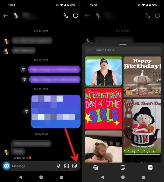 Nhấn vào biểu tượng sticker trong tin nhắn trực tiếp Instagram trên thiết bị di động.