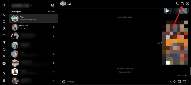 Nhấp vào biểu tượng cuộc gọi video trong Instagram trên PC.