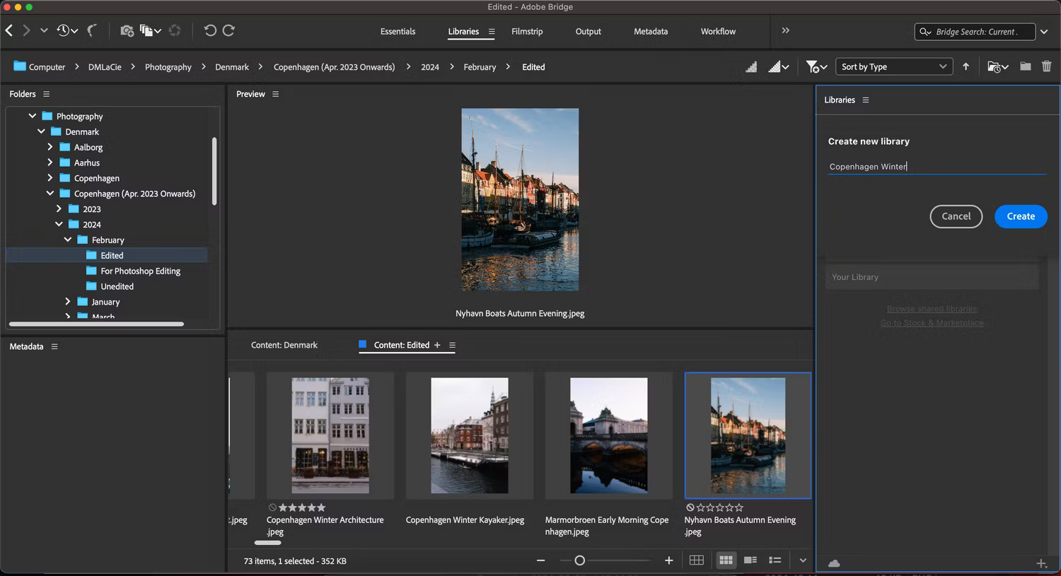 Hộp tạo thư viện mới trong ứng dụng Adobe Bridge