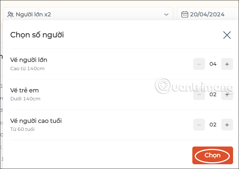 Chọn số lượng vé Grand World Hà Nội
