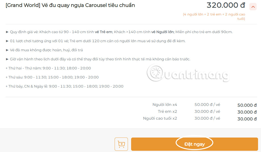 Thông tin giá vé Grand World Hà Nội