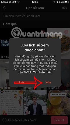 Thực hiện xóa nhiều video TikTok đã xem
