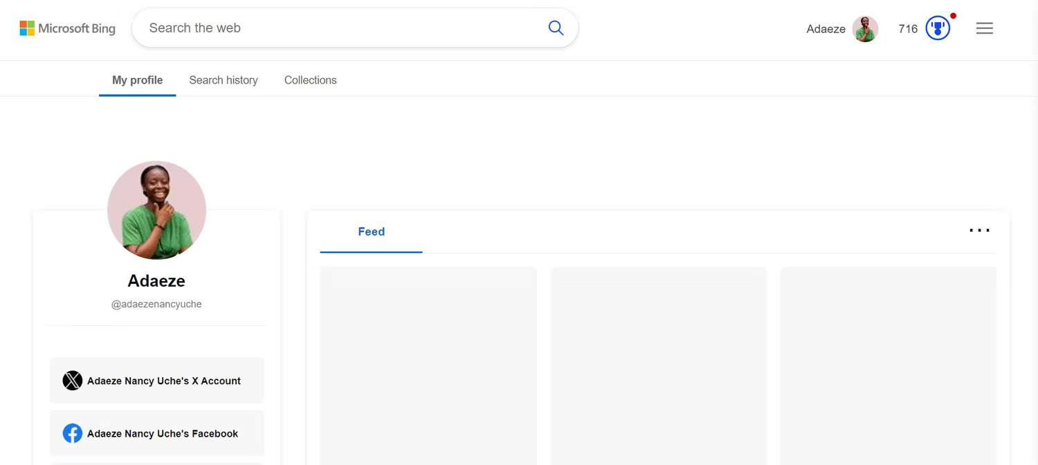 Trang hiển thị tab profile Microsoft Bing, cùng với tab lịch sử tìm kiếm và bộ sưu tập