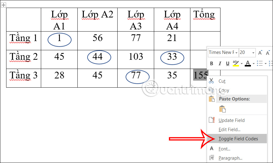 Hiện công thức tính tổng Word