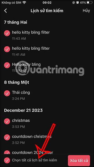 Chọn xóa tất cả tìm kiếm TikTok