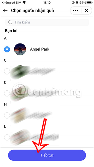 Chọn người gủi tặng nhạc chờ Zalo