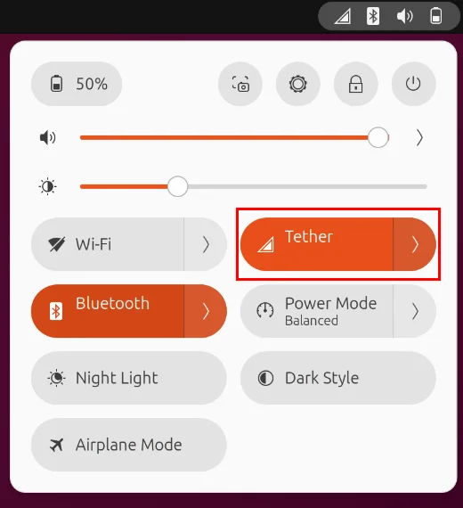 Nút 'Tether' trên menu Quick Settings của Ubuntu.