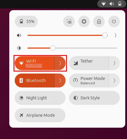 Công tắc bật tắt WiFi trên Quick Settings Ubuntu.
