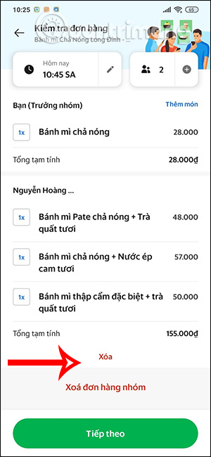 Đơn nhóm hàng GrabFood đã đặt