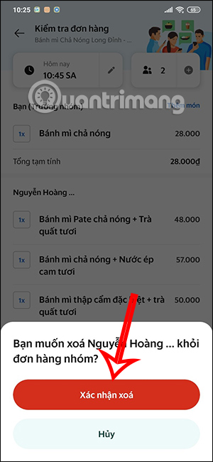Xóa thành viên khỏi đơn nhóm hàng GrabFood