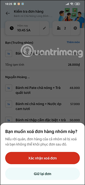 Xóa đơn nhóm hàng GrabFood