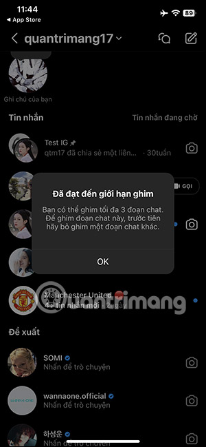 Thông báo chỉ ghim 3 cuộc trò chuyện Instagram