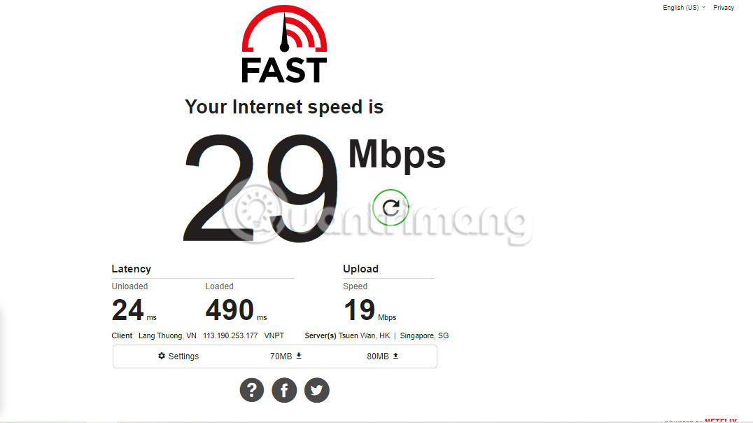 Hiển thị thêm thông tin về số liệu tốc độ Internet trên Fast.com