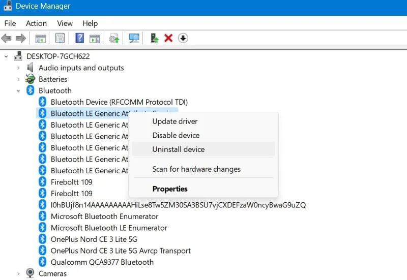 Gỡ cài đặt thiết bị Bluetooth khỏi Windows Device Manager