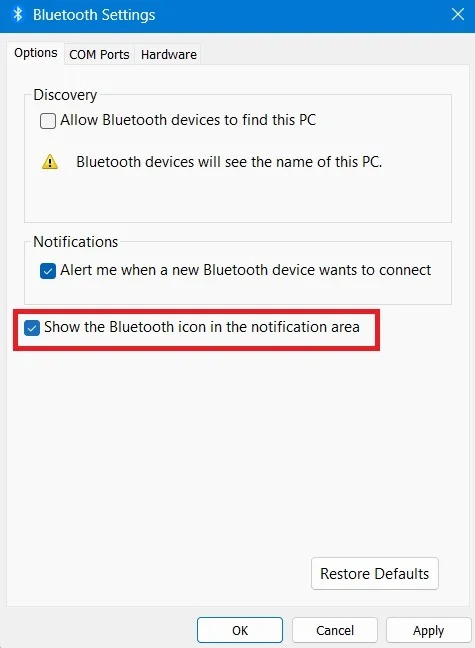 Hiển thị biểu tượng Bluetooth trong khu vực thông báo