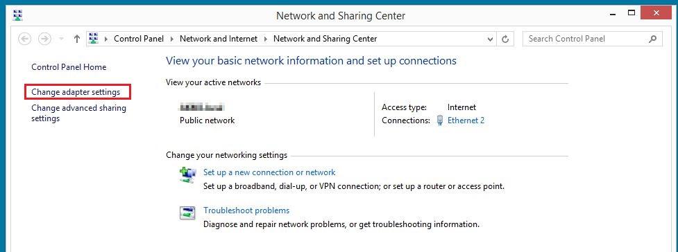 Network and Sharing center trong cài đặt adapter trên Windows 8