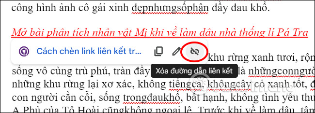 Biểu tượng xóa liên kết trong Google Docs