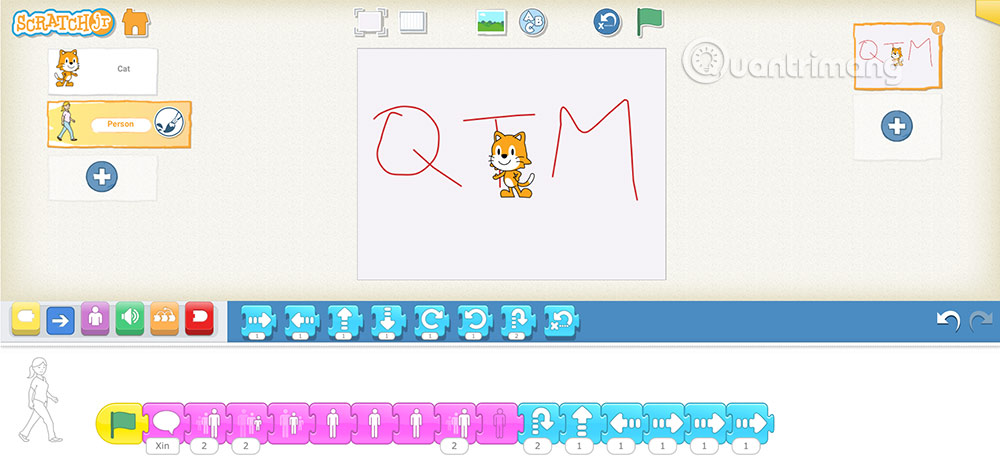 Kết hợp lệnh di chuyển cho vật trên ScratchJR
