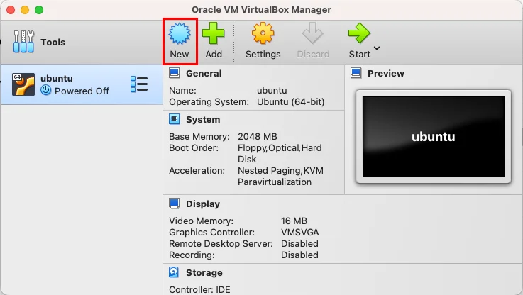 Nút New trên VirtualBox dành cho MacOS.
