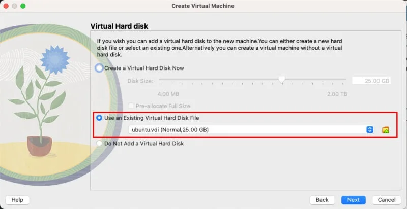 Tùy chọn chọn đĩa VDI tùy chỉnh để load cho máy ảo mới.