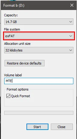 Hệ thống file ExFAT trong lời nhắc định dạng ổ đĩa Windows.