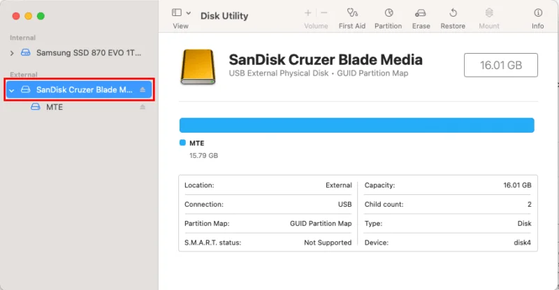 Ổ đĩa vật lý bên ngoài trong Disk Utility của MacOS.